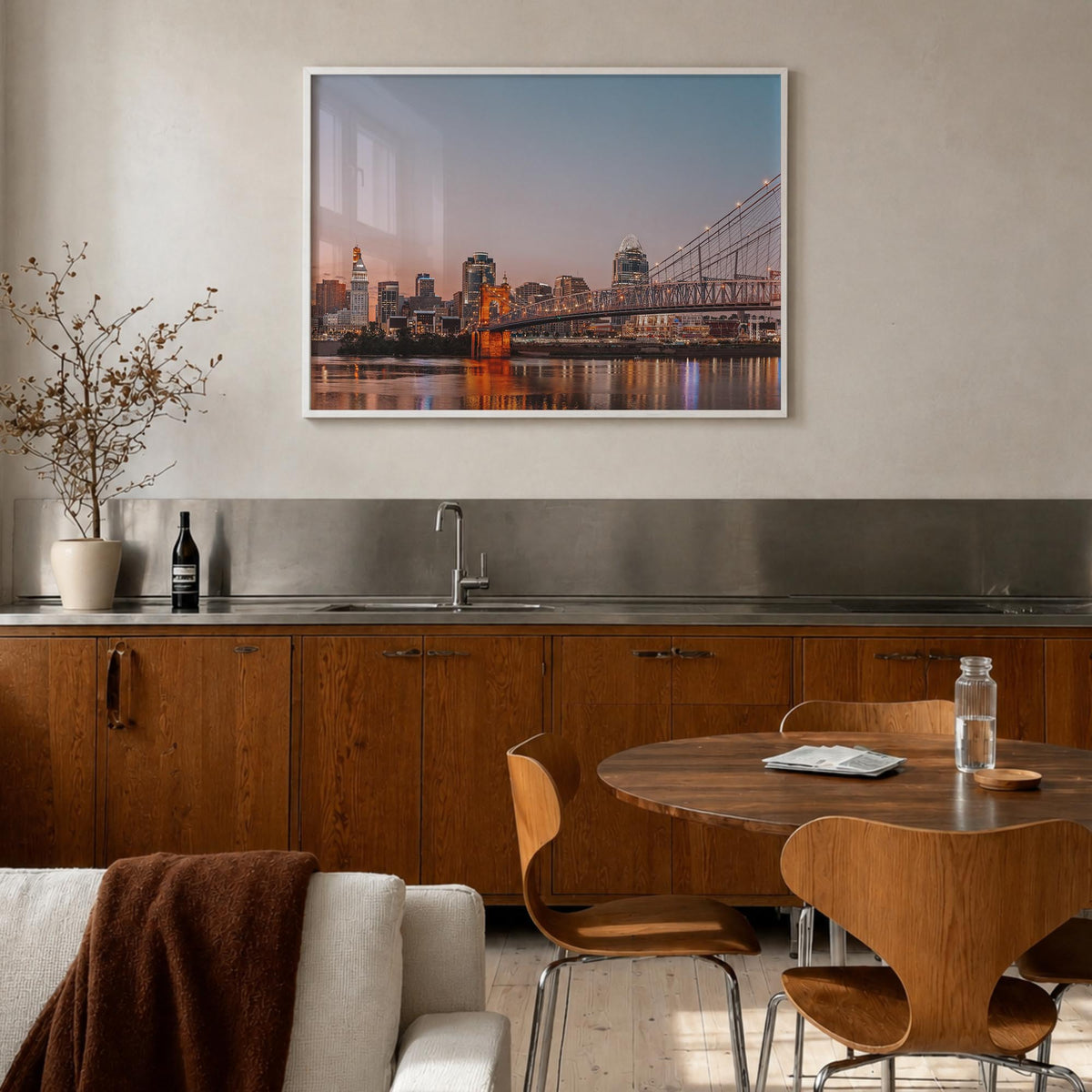 Cincinnati colorful photo poster of Ohio, USA – horizontal wall art in white wood frame, hanging on wall