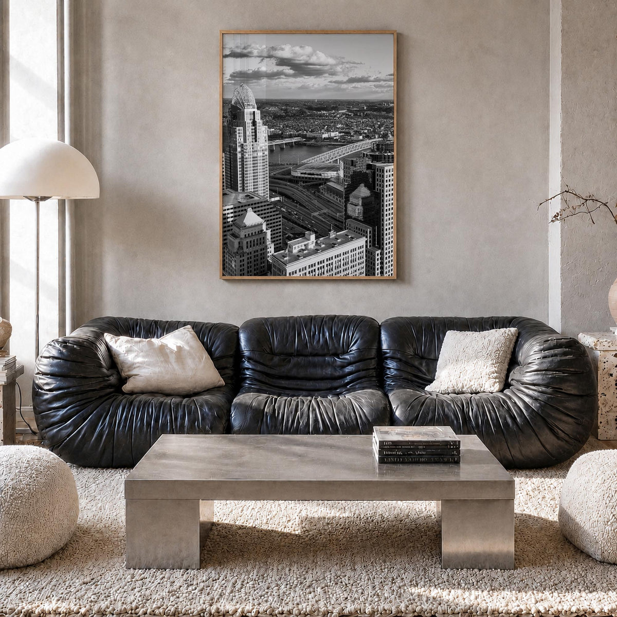 Cincinnati no. 1 black & white photo poster of Ohio, USA – vertical wall art in natural wood frame, hanging on wall
