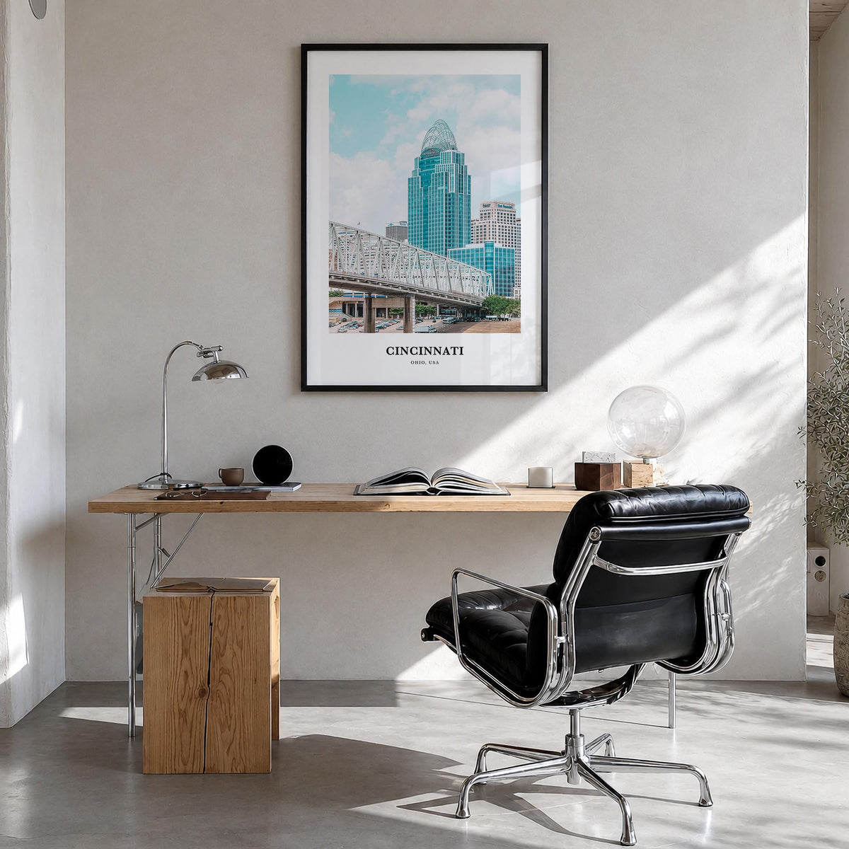 Cincinnati no. 1 colorful classic poster of Ohio, USA – vertical wall art in black wood frame, hanging on wall