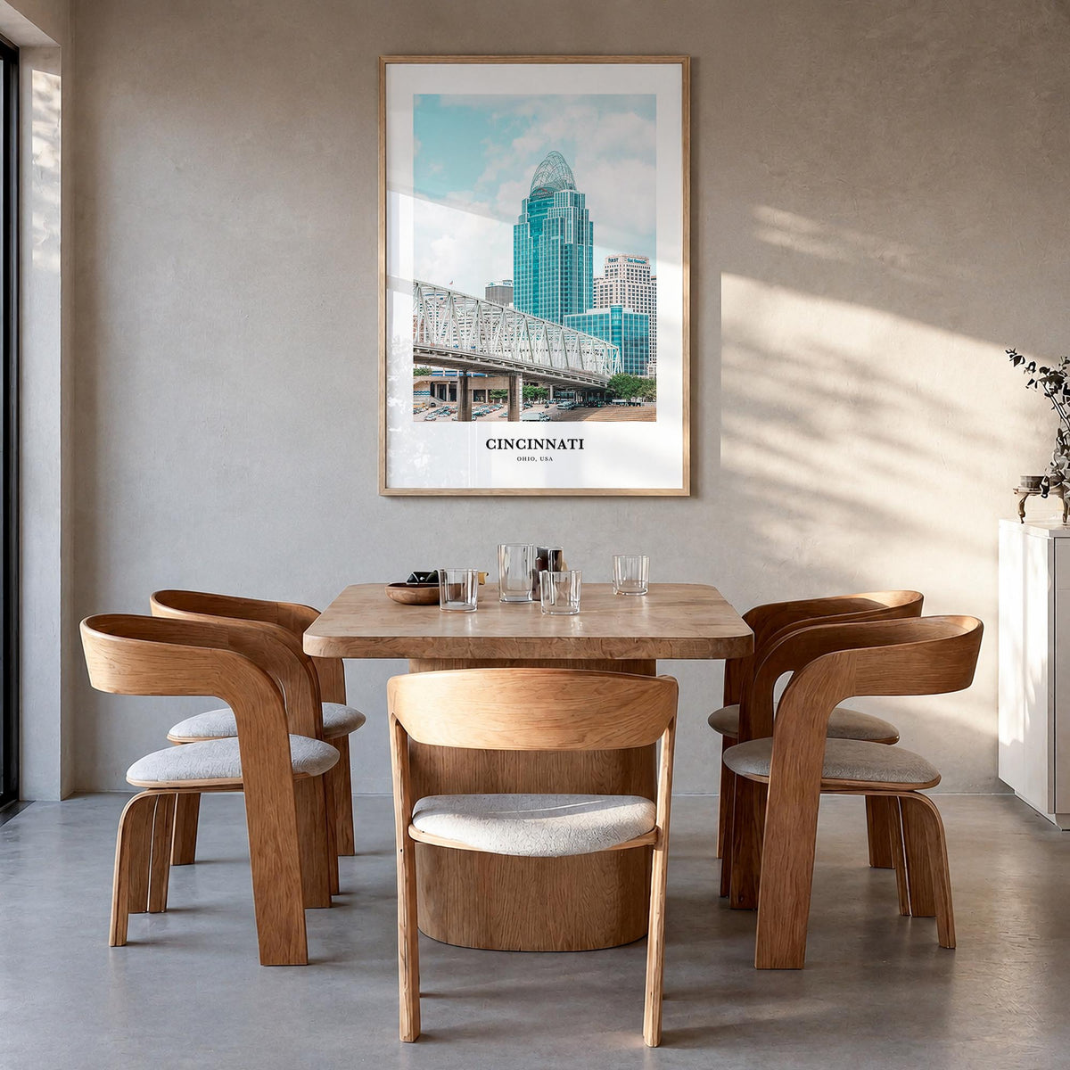 Cincinnati no. 1 colorful classic poster of Ohio, USA – vertical wall art in natural wood frame, hanging on wall