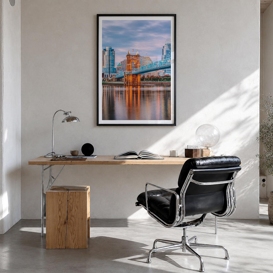 Cincinnati no. 1 colorful photo poster of Ohio, USA – vertical wall art in black wood frame with white border, hanging on wal