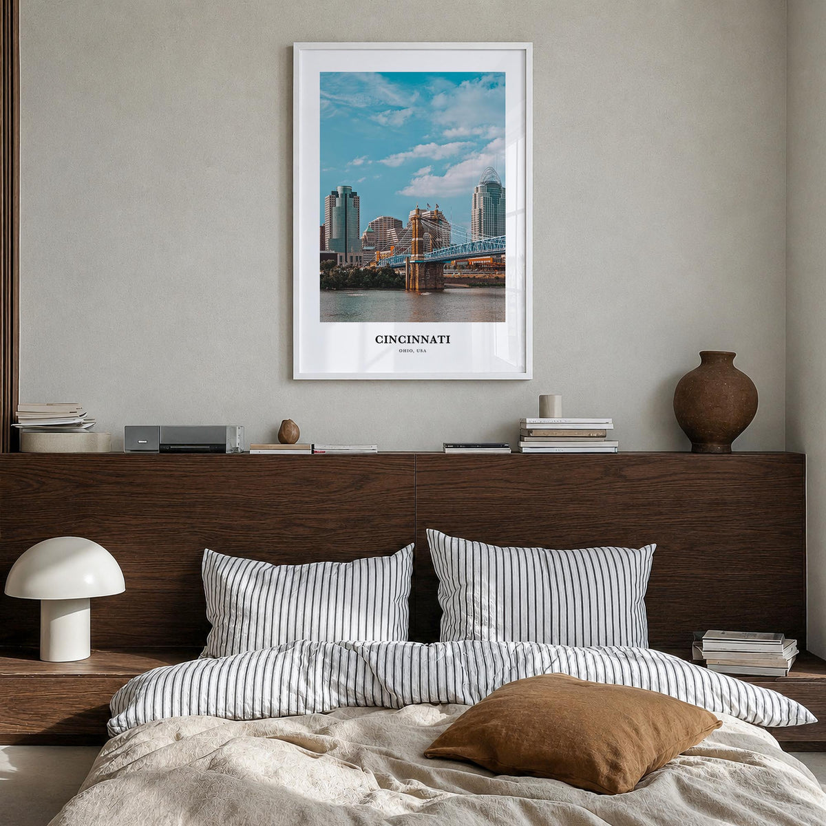 Cincinnati no. 2 colorful classic poster of Ohio, USA – vertical wall art in white wood frame, hanging on wall