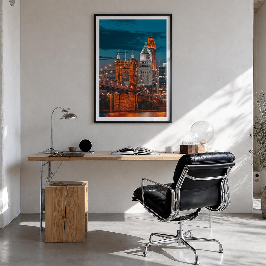 Cincinnati no. 2 colorful photo poster of Ohio, USA – vertical wall art in black wood frame with white border, hanging on wal