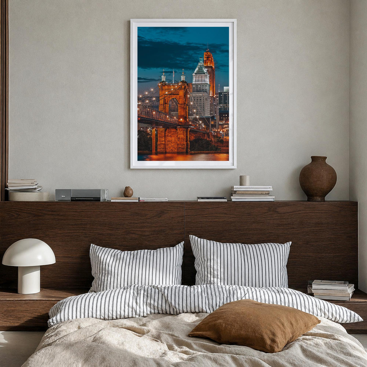 Cincinnati no. 2 colorful photo poster of Ohio, USA – vertical wall art in white wood frame with white border, hanging on wal