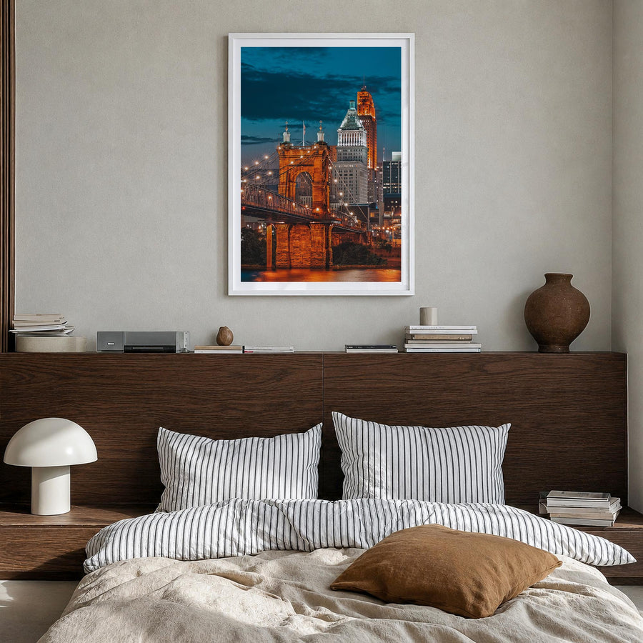 Cincinnati no. 2 colorful photo poster of Ohio, USA – vertical wall art in white wood frame with white border, hanging on wal