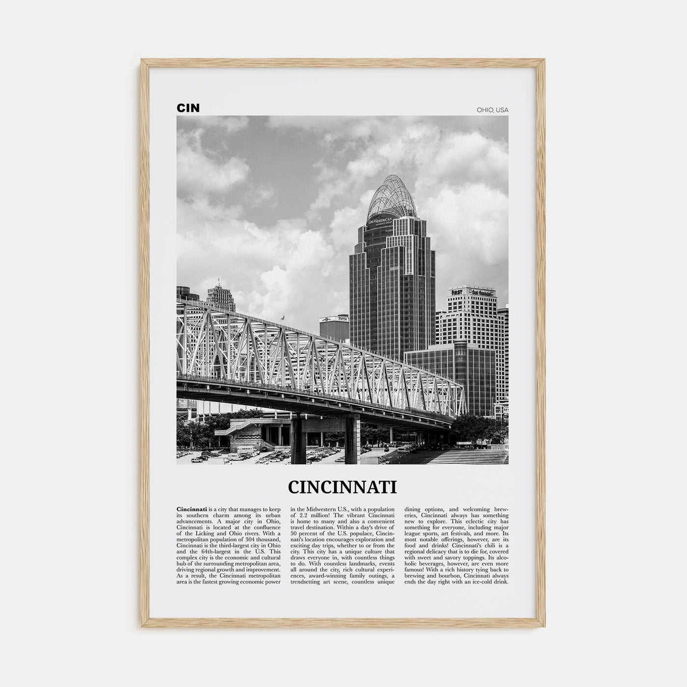 Cincinnati No 2 Poster Natural Wood / 8x12 in Nbourhood Travel B&W Poster