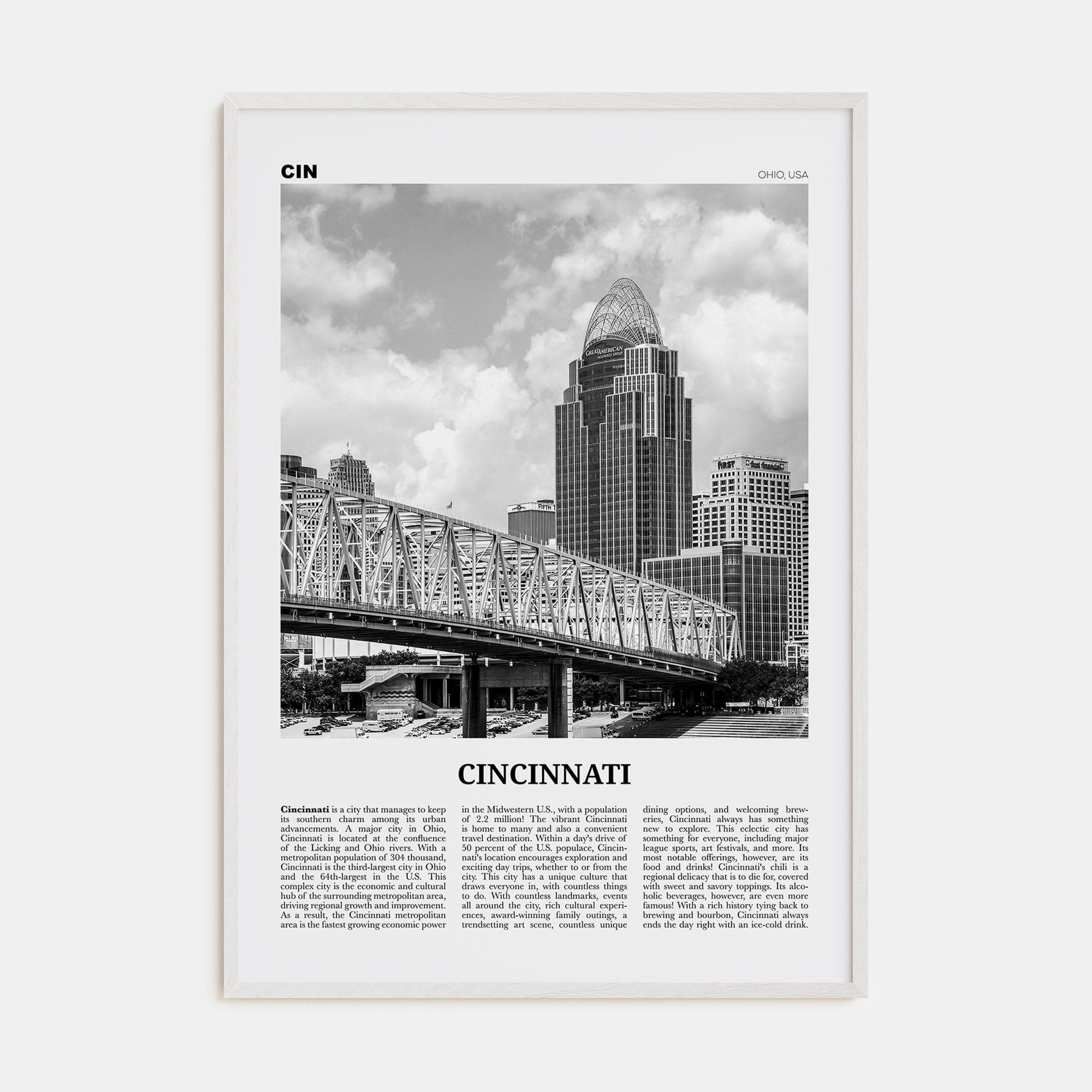 Cincinnati No 2 Poster White Wood / 8x12 in Nbourhood Travel B&W Poster