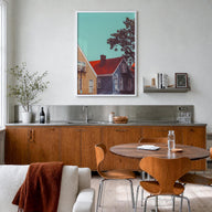 Cincinnati no. 3 colorful photo poster of Ohio, USA – vertical wall art in white wood frame, hanging on wall