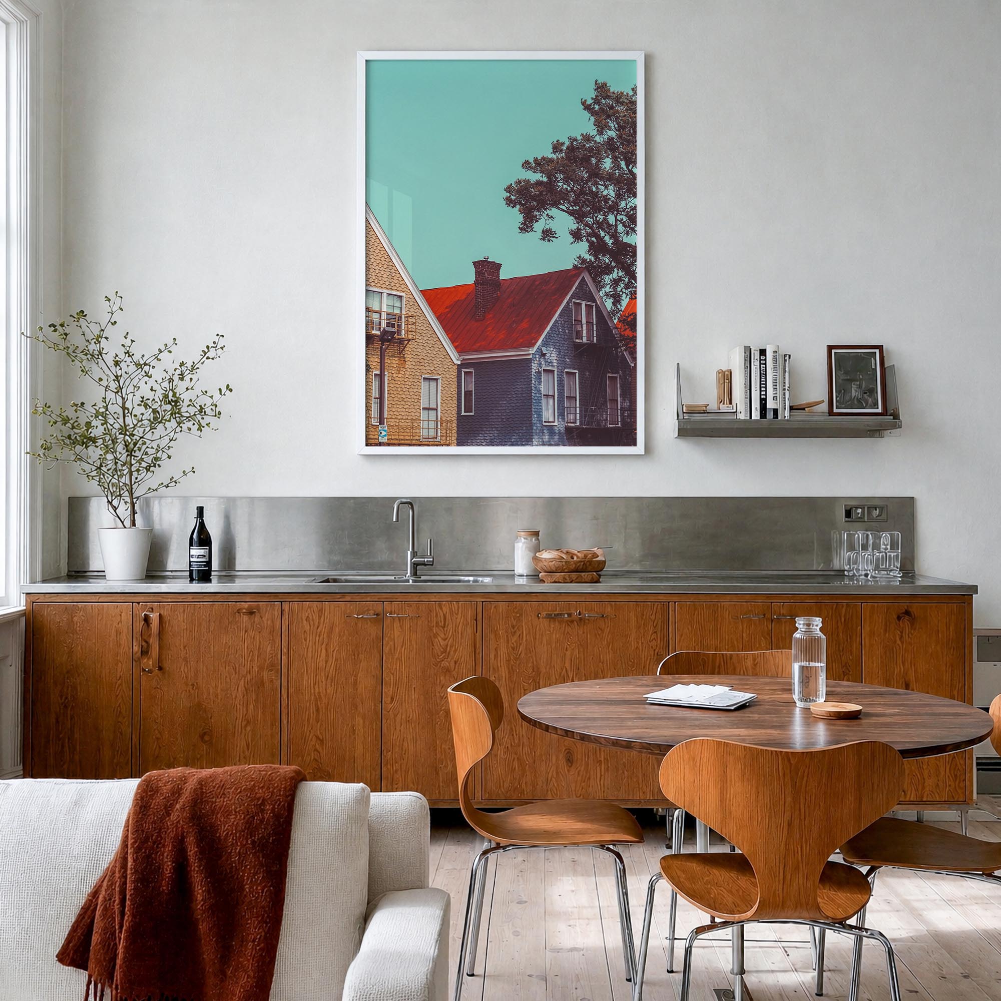 Cincinnati no. 3 colorful photo poster of Ohio, USA – vertical wall art in white wood frame, hanging on wall