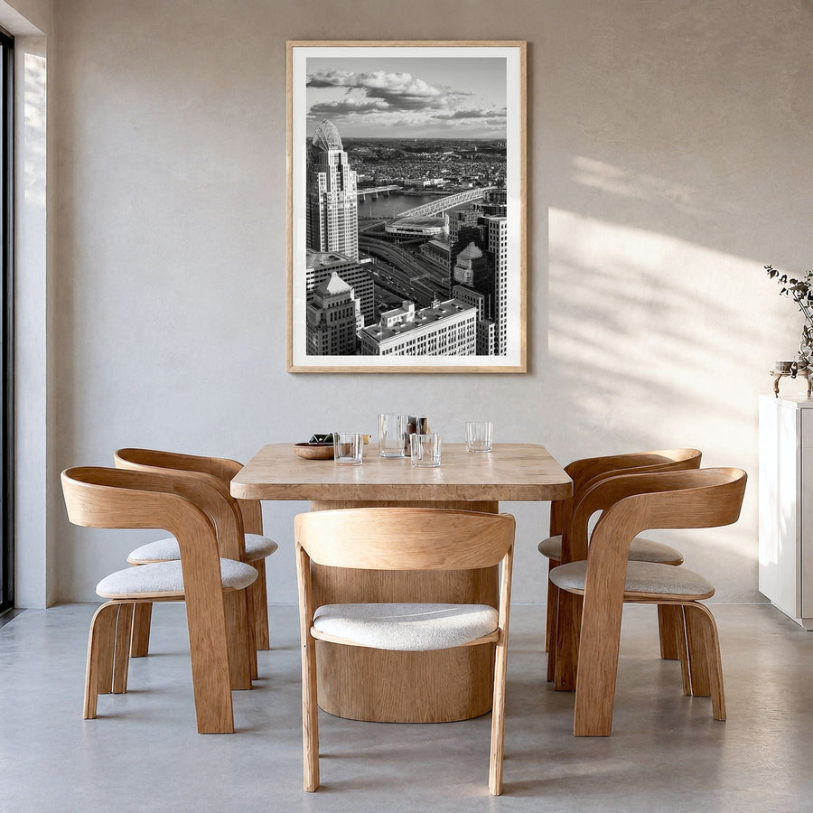 Cincinnati Photo No 1 Poster in a natural wood frame, hanging in a dining room, white border