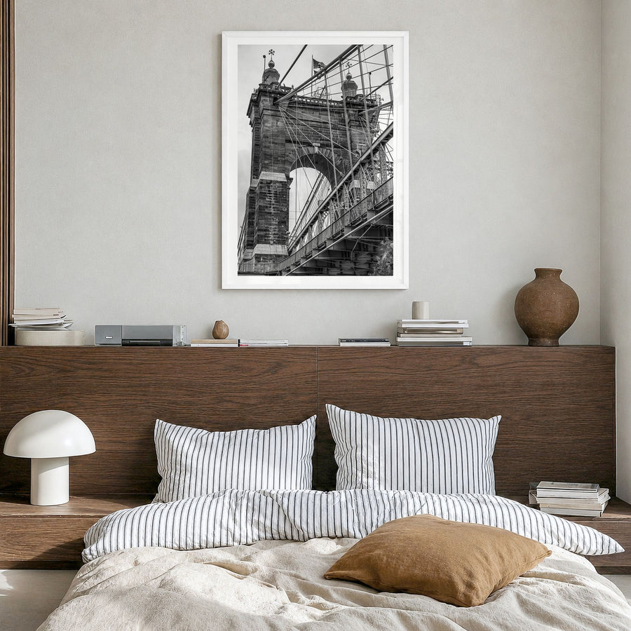Cincinnati Photo No 2 Poster in a white wood frame, hanging in a bedroom, white border