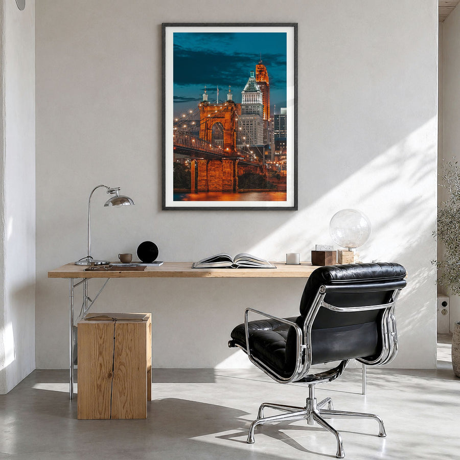 Cincinnati Photo No 2 Poster in a black wood frame, hanging in a bright home office, white border