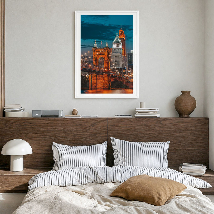 Cincinnati Photo No 2 Poster in a white wood frame, hanging in a bedroom, white border