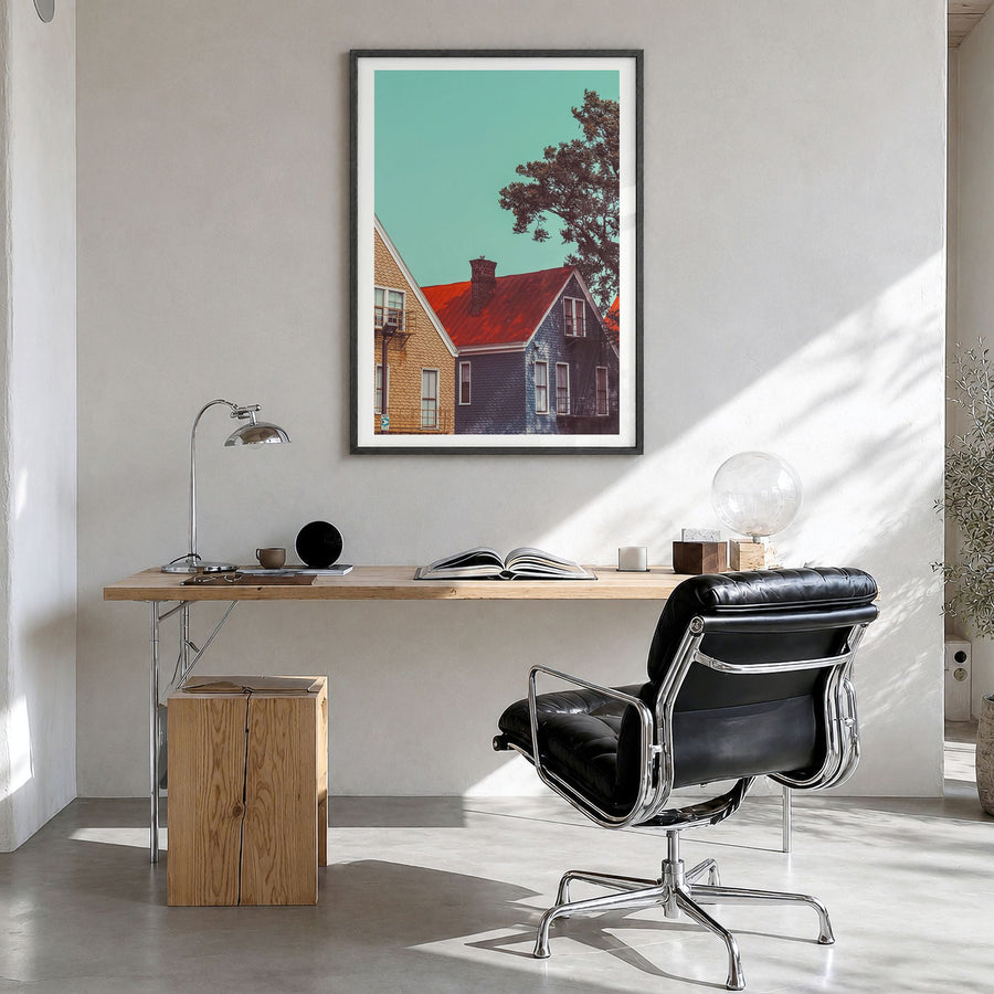 Cincinnati Photo No 3 Poster in a black wood frame, hanging in a bright home office, white border