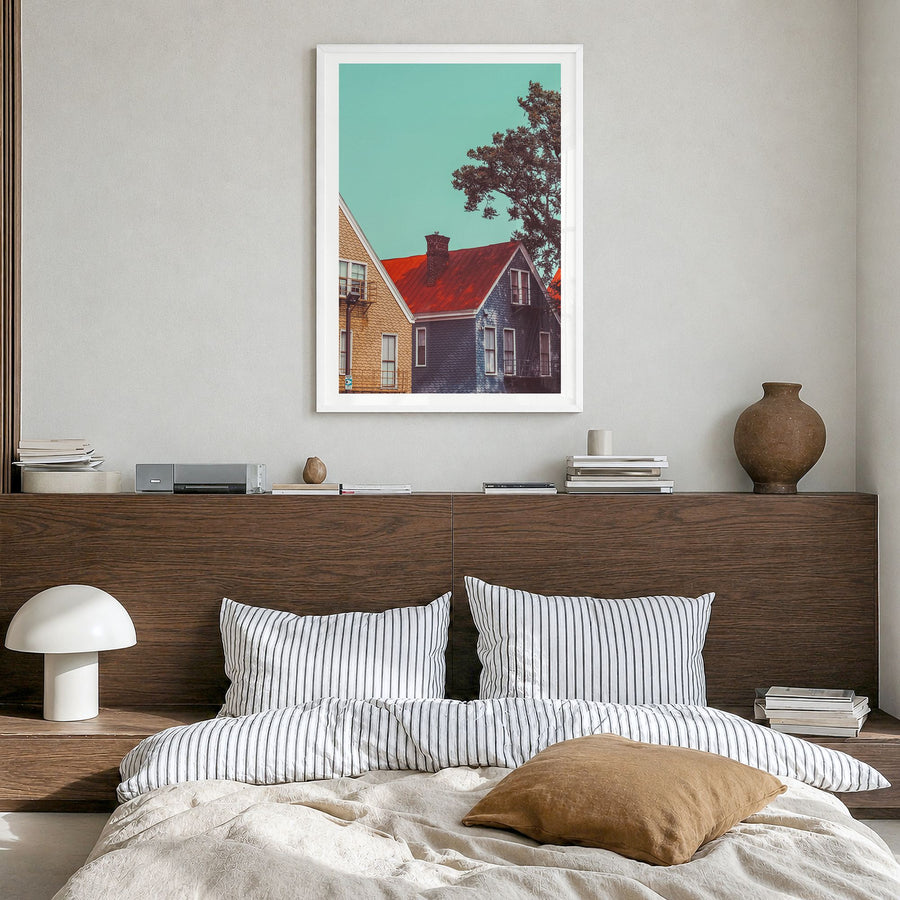 Cincinnati Photo No 3 Poster in a white wood frame, hanging in a bedroom, white border