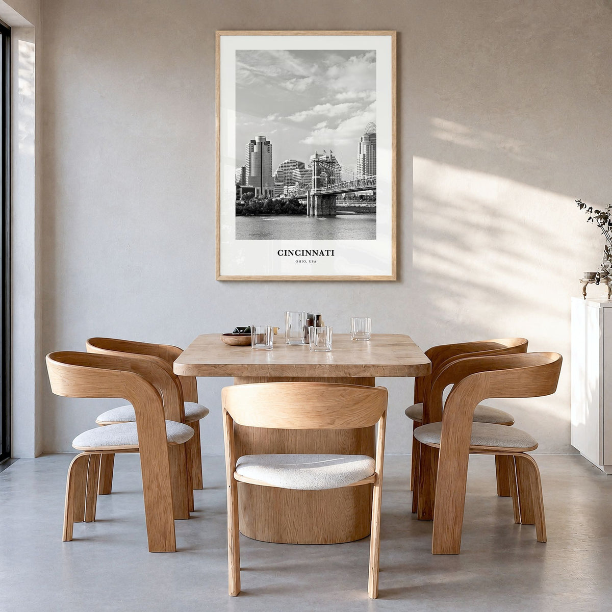 Cincinnati Classic No 2 Poster in a natural wood frame, hanging in a dining room