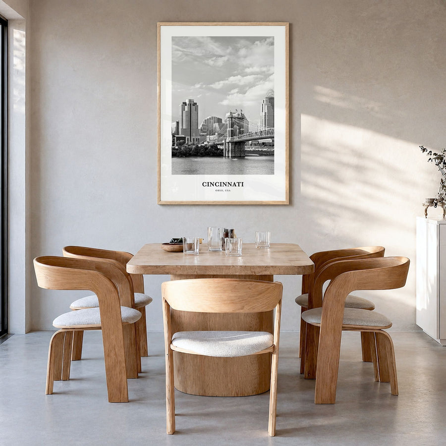 Cincinnati Classic No 2 Poster in a natural wood frame, hanging in a dining room