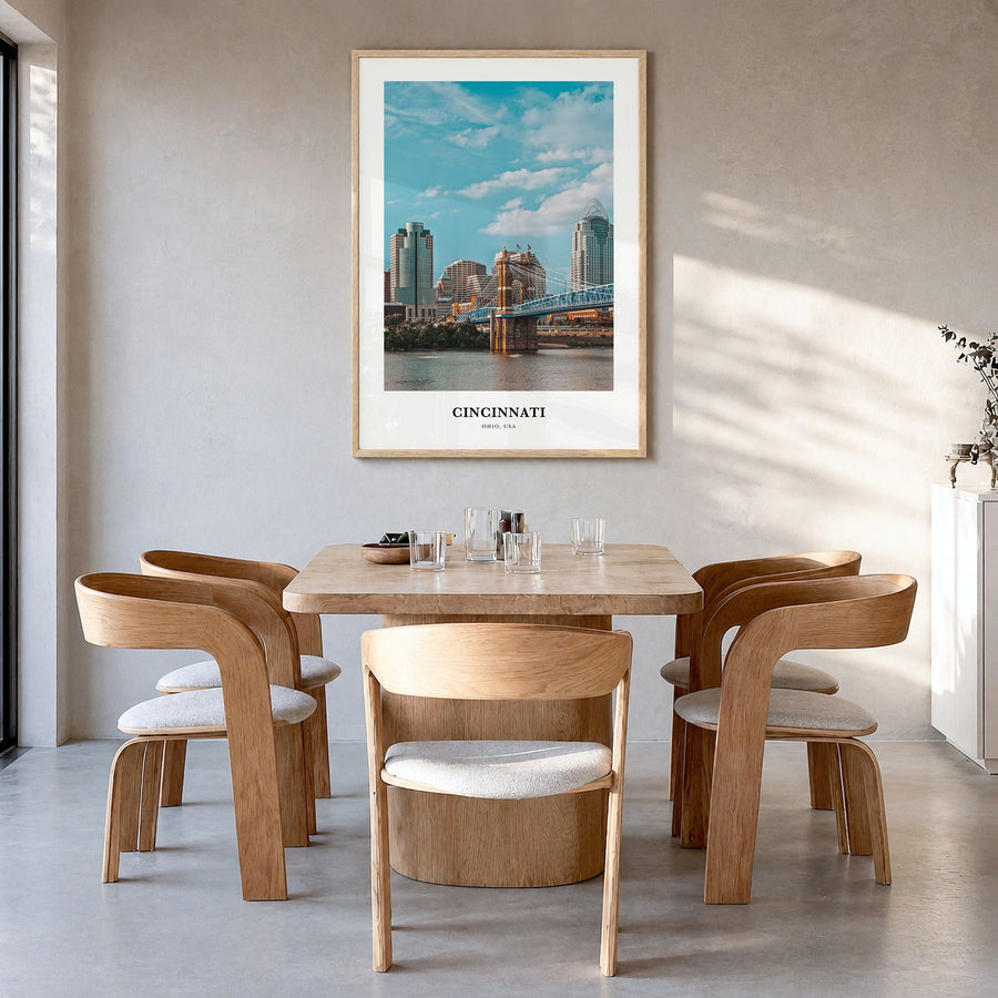 Cincinnati Classic No 2 Poster in a natural wood frame, hanging in a dining room