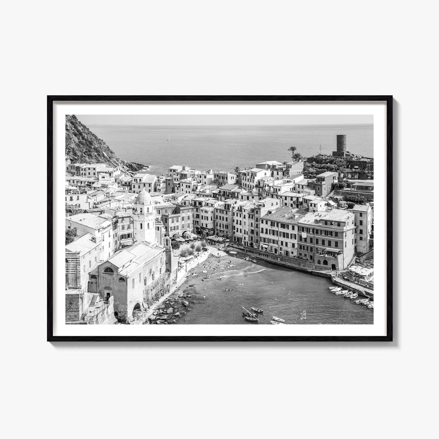 Cinque Terre black & white photo poster of Italy – horizontal wall art, unframed print shown in interior mockup