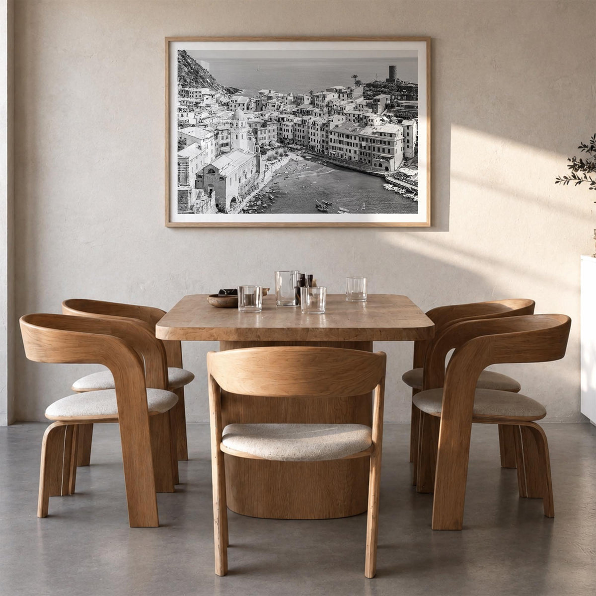 Cinque Terre black & white photo poster of Italy – horizontal wall art in natural wood frame with white border, hanging on wa