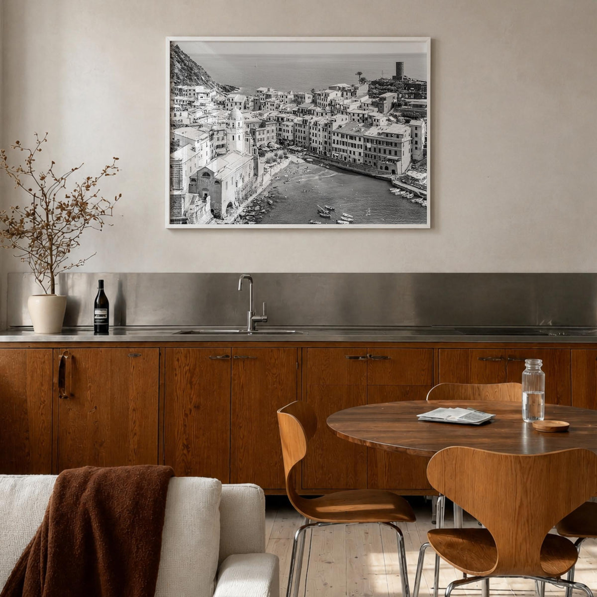 Cinque Terre black & white photo poster of Italy – horizontal wall art in white wood frame, hanging on wall