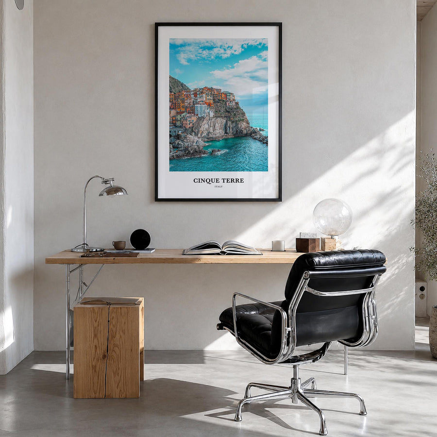 Cinque Terre colorful classic poster of Italy – vertical wall art in black wood frame, hanging on wall