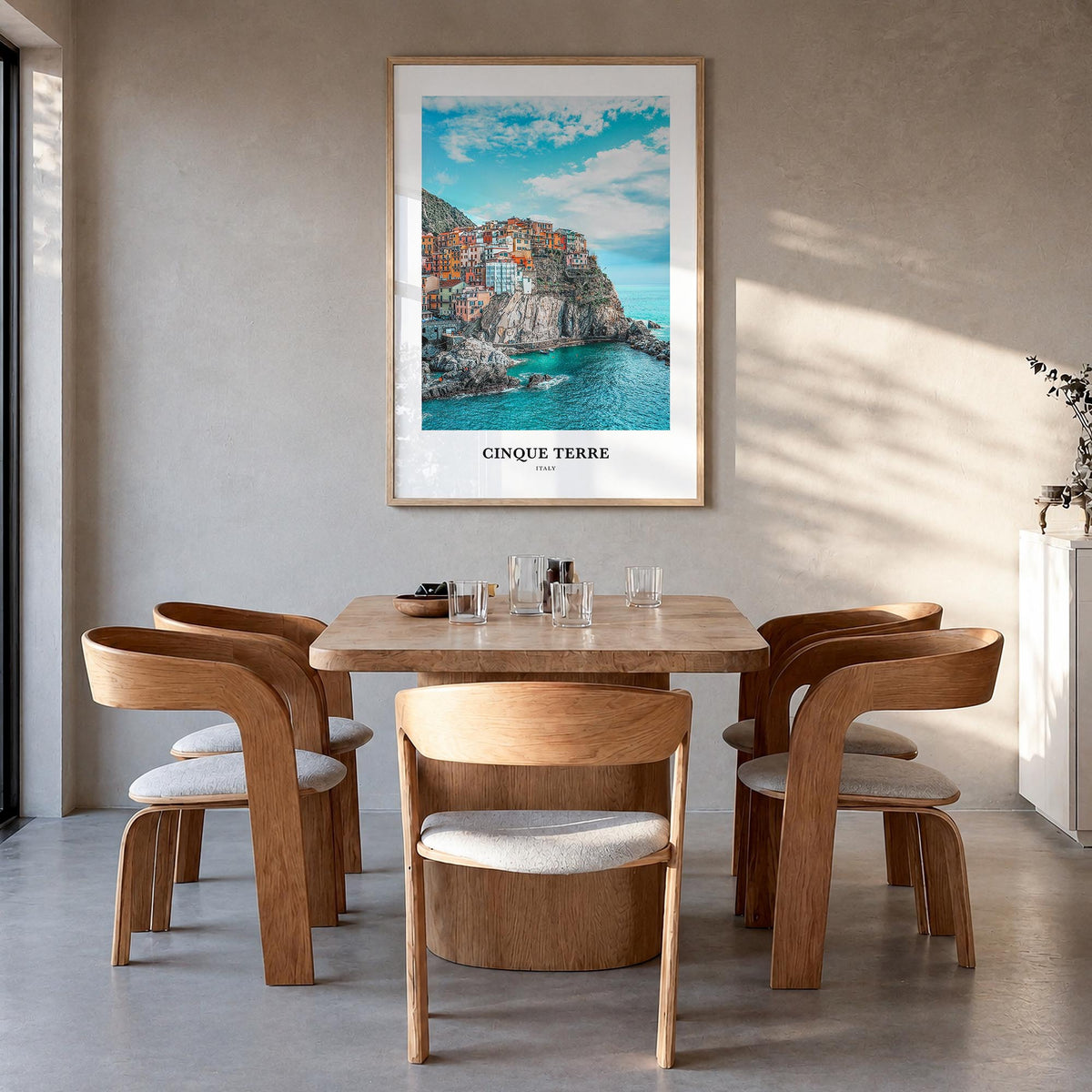 Cinque Terre colorful classic poster of Italy – vertical wall art in natural wood frame, hanging on wall