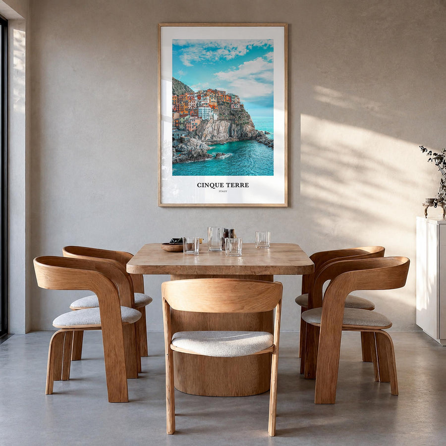 Cinque Terre colorful classic poster of Italy – vertical wall art in natural wood frame, hanging on wall