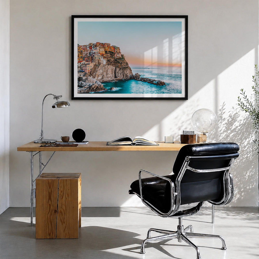 Cinque Terre colorful photo poster of Italy – horizontal wall art in black wood frame with white border, hanging on wall