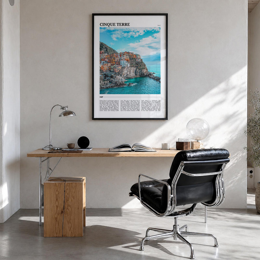 Cinque Terre colorful travel poster of Italy – vertical wall art in black wood frame, hanging on wall