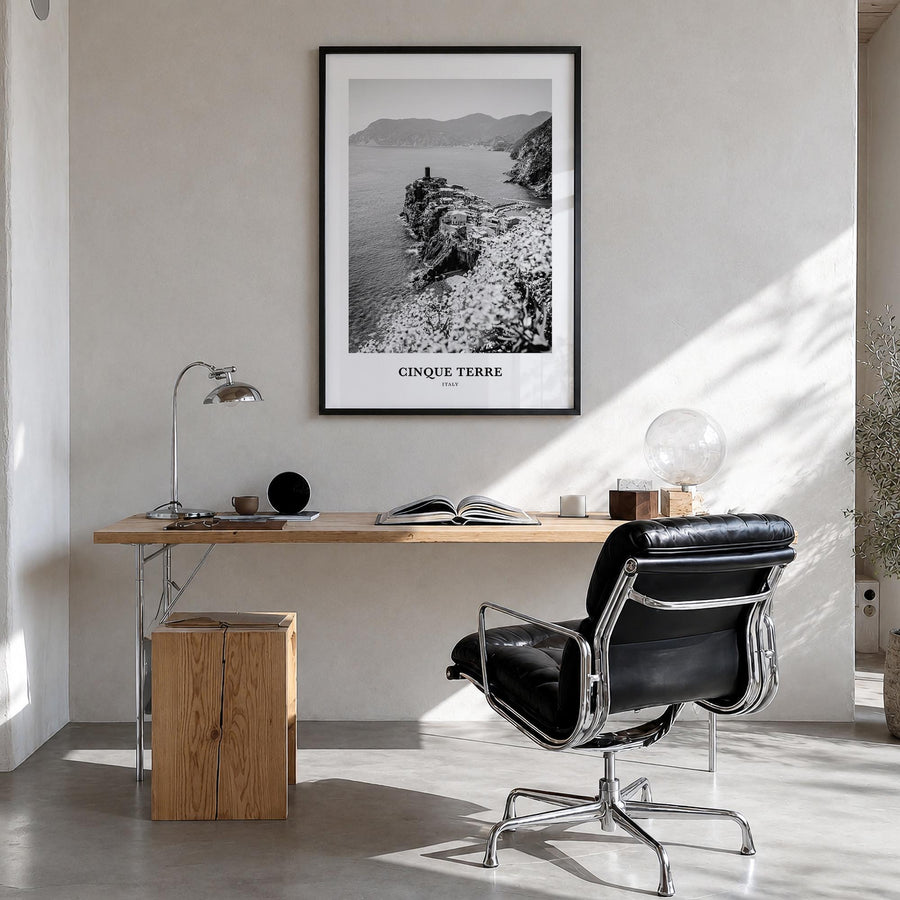 Cinque Terre no. 1 black & white classic poster of Italy – vertical wall art in black wood frame, hanging on wall