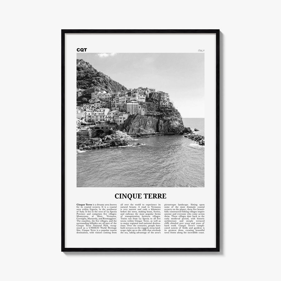 Cinque Terre no. 1 black & white newspaper poster of Italy – vertical wall art, unframed print shown in interior mockup