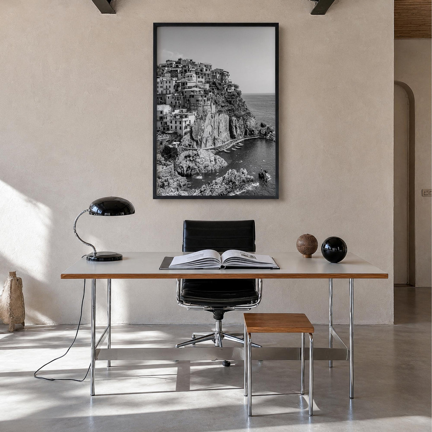 Cinque Terre no. 1 black & white photo poster of Italy – vertical wall art in black wood frame, hanging on wall