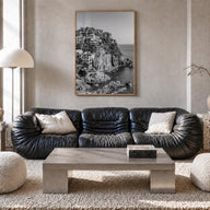Cinque Terre no. 1 black & white photo poster of Italy – vertical wall art in natural wood frame, hanging on wall