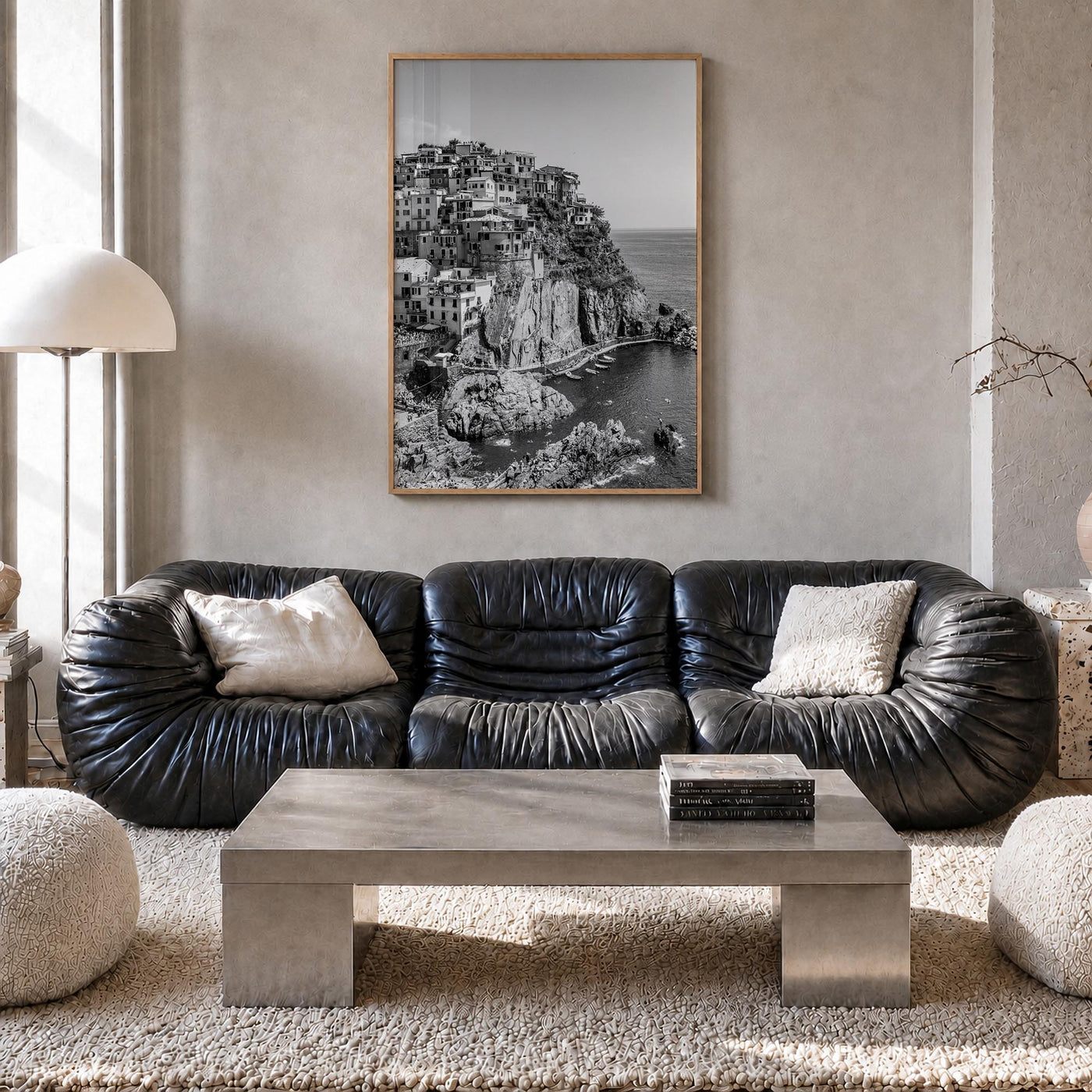 Cinque Terre no. 1 black & white photo poster of Italy – vertical wall art in natural wood frame, hanging on wall