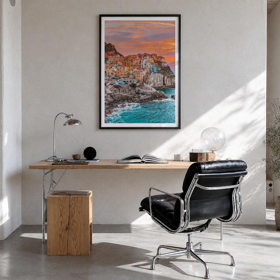 Cinque Terre no. 1 colorful photo poster of Italy – vertical wall art in black wood frame with white border, hanging on wall