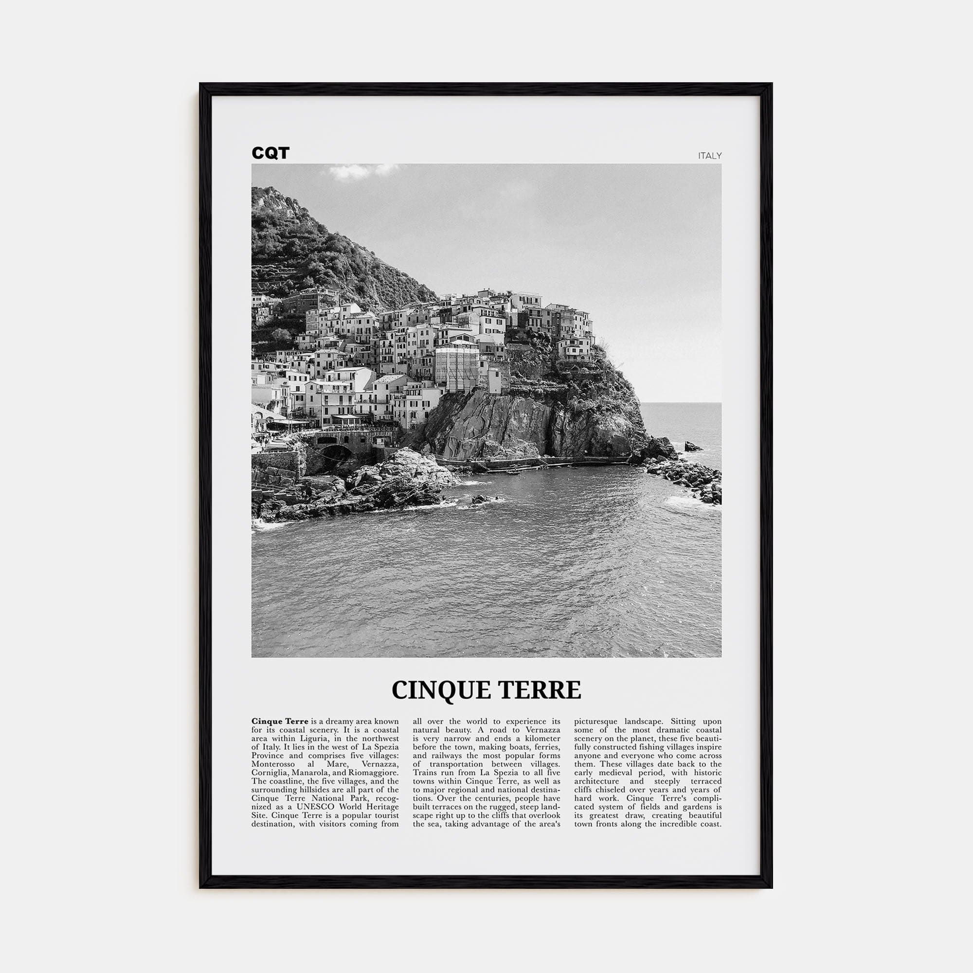 Cinque Terre No 1 Poster Black Wood / 8x12 in Nbourhood Travel B&W Poster