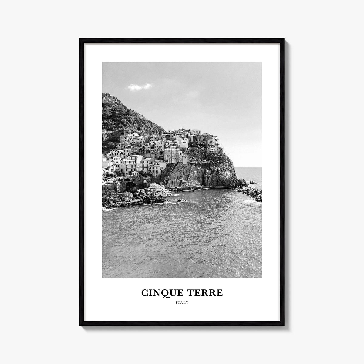 Cinque Terre no. 2 black & white classic poster of Italy – vertical wall art, unframed print shown in interior mockup