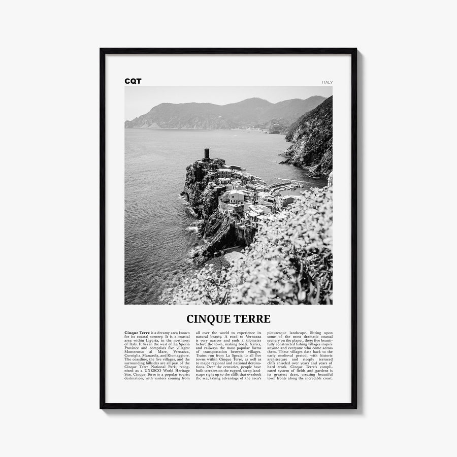 Cinque Terre no. 2 black & white newspaper poster of Italy – vertical wall art, unframed print shown in interior mockup