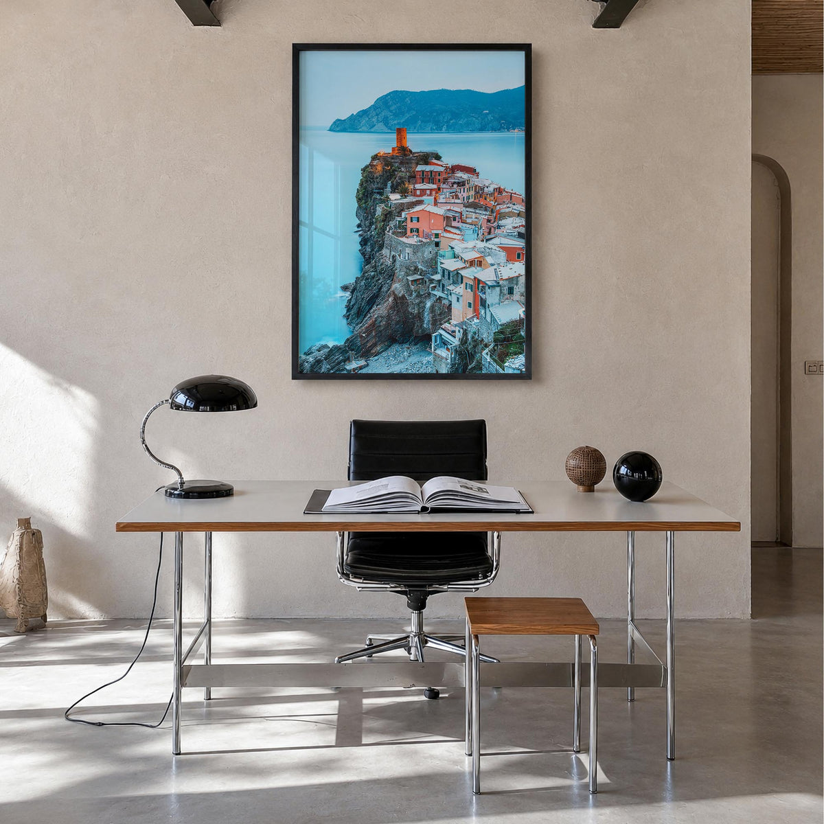Cinque Terre no. 2 colorful photo poster of Italy – vertical wall art in black wood frame, hanging on wall