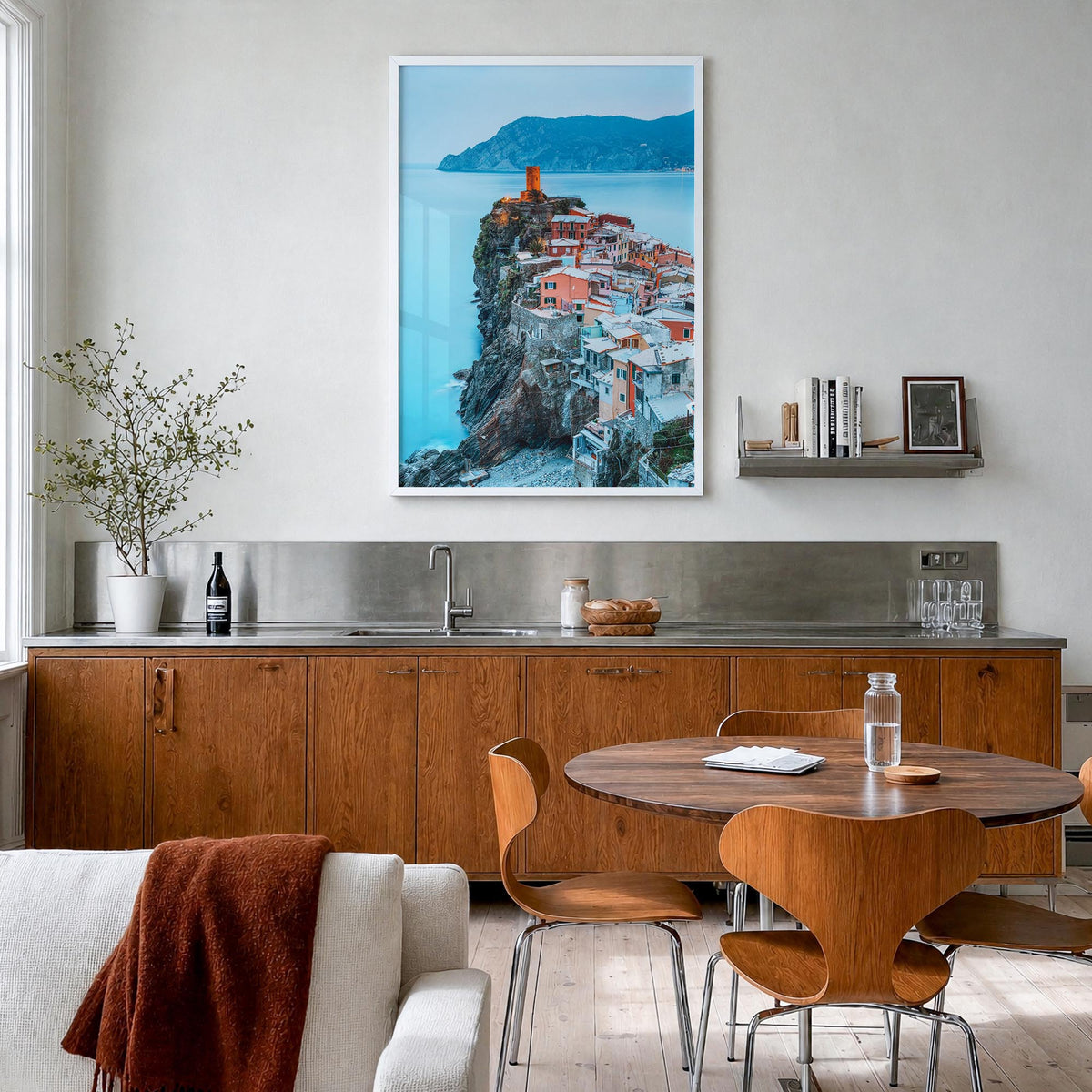 Cinque Terre no. 2 colorful photo poster of Italy – vertical wall art in white wood frame, hanging on wall