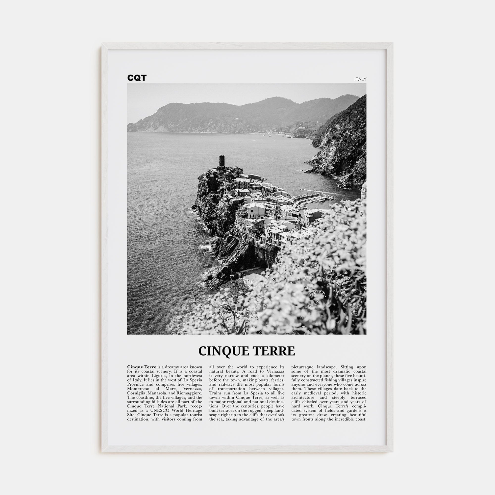 Cinque Terre No 2 Poster White Wood / 8x12 in Nbourhood Travel B&W Poster