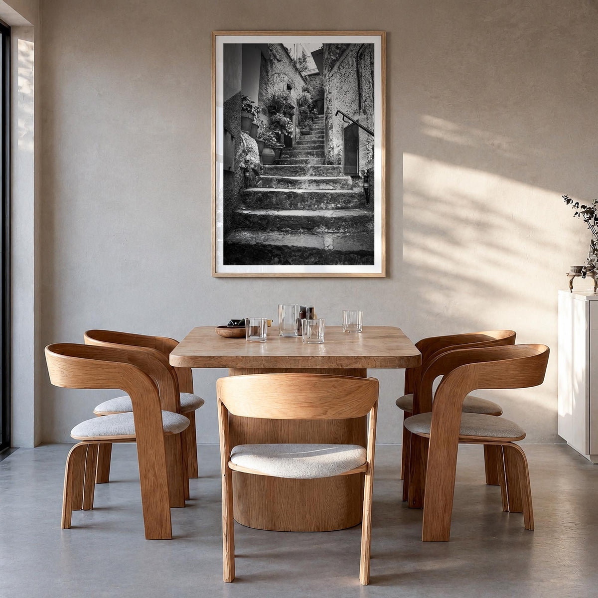 Cinque Terre no. 3 black & white photo poster of Italy – vertical wall art in natural wood frame with white border, hanging o