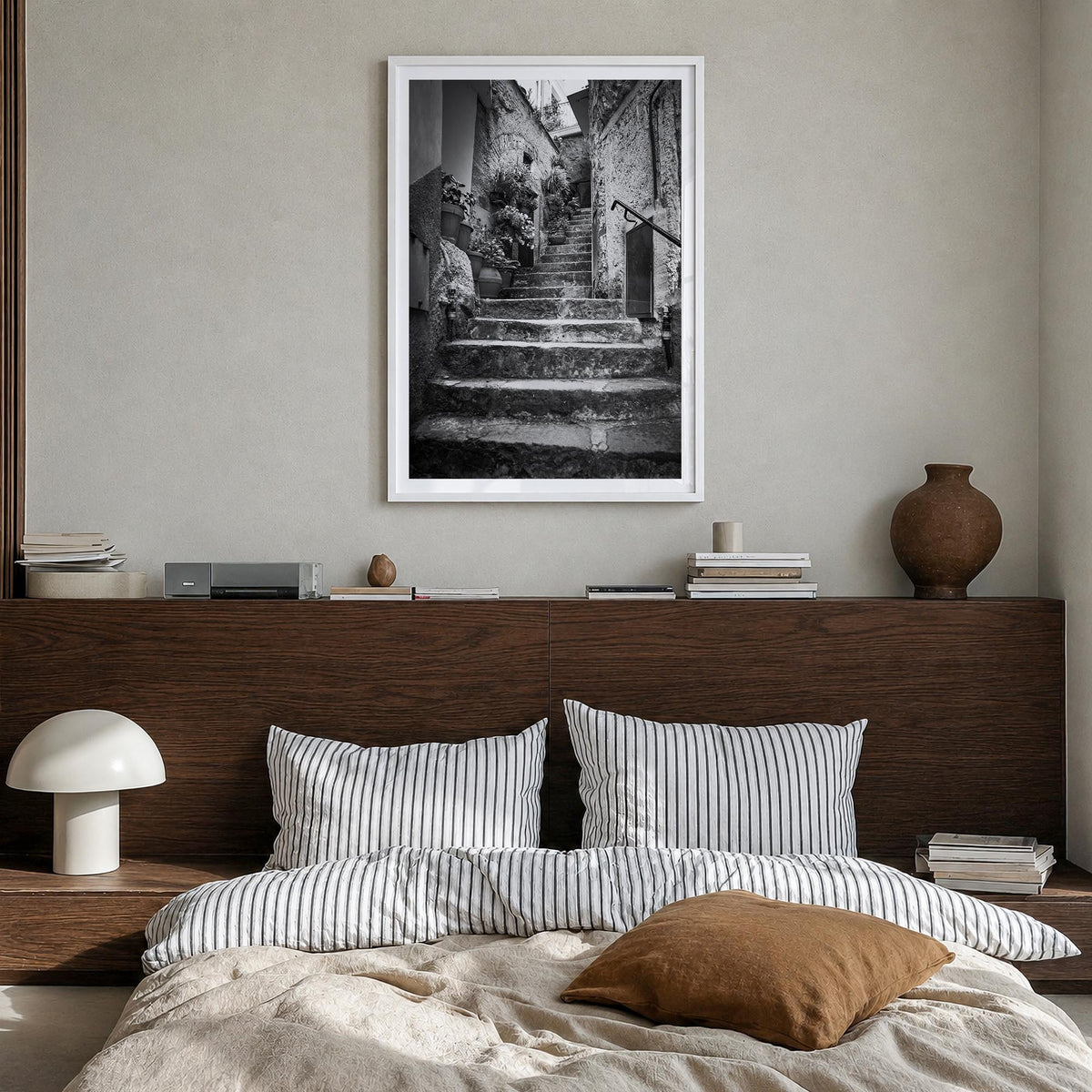 Cinque Terre no. 3 black & white photo poster of Italy – vertical wall art in white wood frame with white border, hanging on 