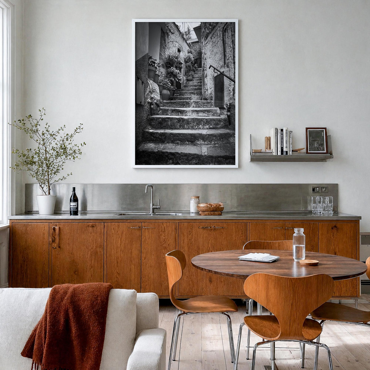Cinque Terre no. 3 black & white photo poster of Italy – vertical wall art in white wood frame, hanging on wall
