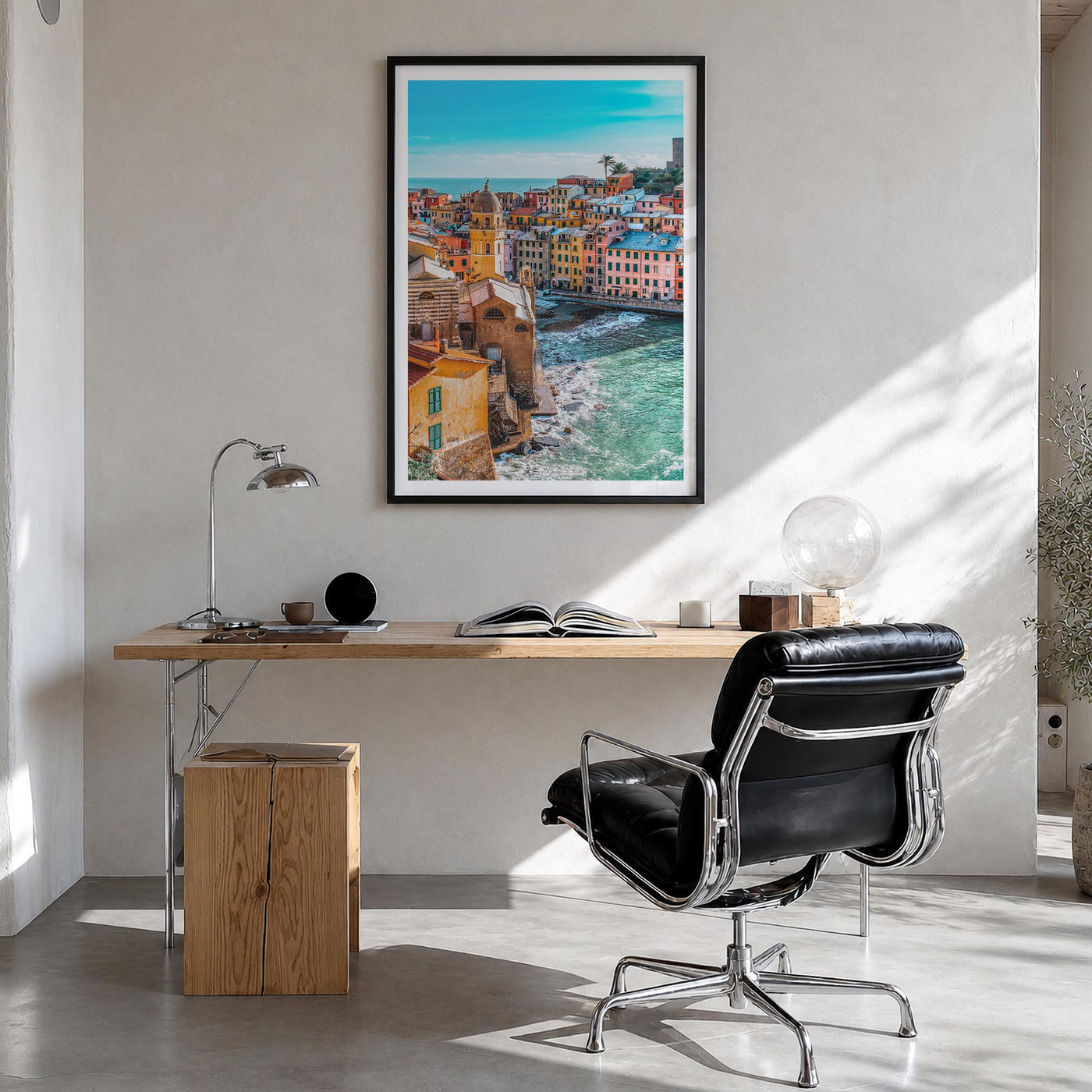 Cinque Terre no. 3 colorful photo poster of Italy – vertical wall art in black wood frame with white border, hanging on wall