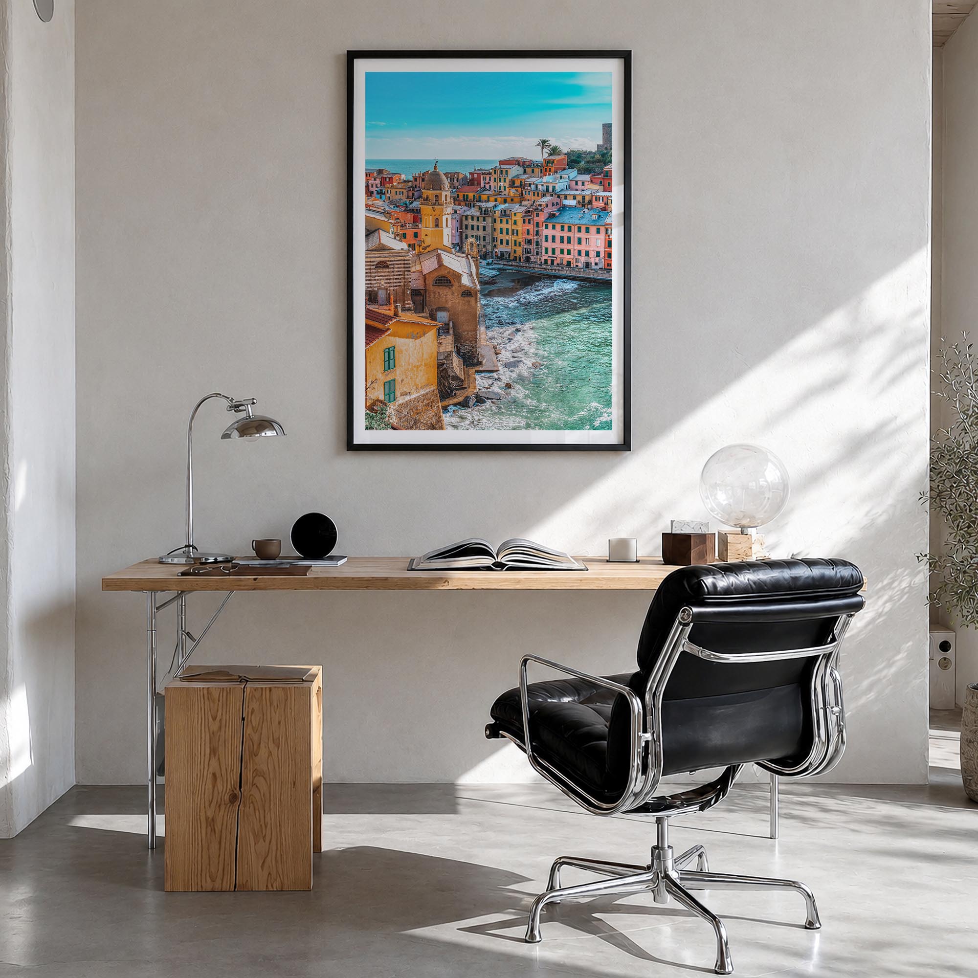 Cinque Terre no. 3 colorful photo poster of Italy – vertical wall art in black wood frame with white border, hanging on wall