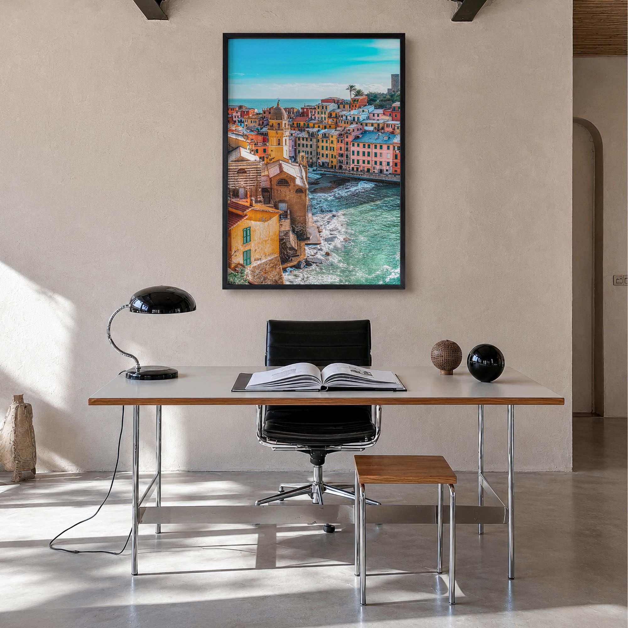 Cinque Terre no. 3 colorful photo poster of Italy – vertical wall art in black wood frame, hanging on wall