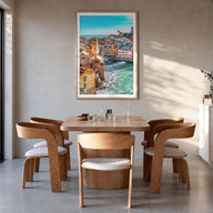 Cinque Terre no. 3 colorful photo poster of Italy – vertical wall art in natural wood frame with white border, hanging on wal