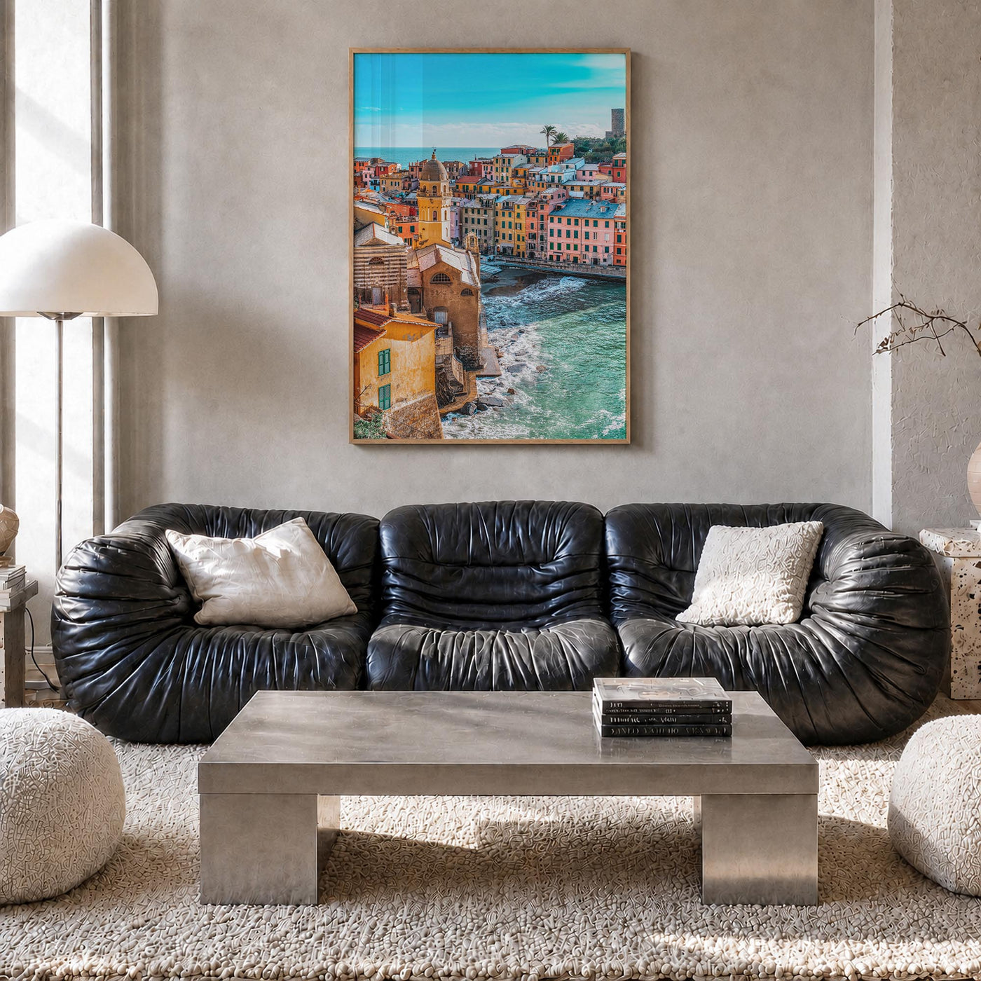 Cinque Terre no. 3 colorful photo poster of Italy – vertical wall art in natural wood frame, hanging on wall